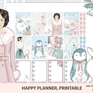 Pegatinas de planificador de invierno en tonos pastel, kit imprimible semanal para planificadores felices, ilustraciones en acuarela, paquete de álbum de recortes MAMBI, archivos de corte Silhouette