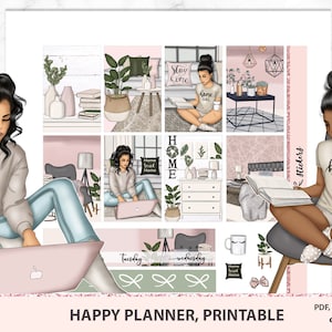 Work from home, Pastel printable sticker kit Classic Happy planner, vertical weekly spread for MAMBI, African American girl, decorative set