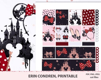 Mouse ears Printable Planner Stickers For Erin Condren Vertical Planner, Fairytale Magic Kingdom Weekly Kit With Bows Bow Mice Castle
