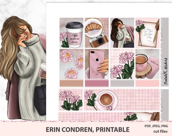 May include: A set of printable planner stickers featuring a pink and white gingham pattern, pink flowers, a coffee cup, a croissant, a camera, a phone, and a woman with brown hair. The text "Coffee makes me happy" and "Notebook" are also included.