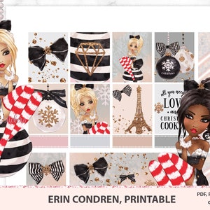 Naklejki do planera z akwarelowymi dziewczynami z Bożego Narodzenia Erin Condren do wydrukowania, kobieta Xmas Fashionista, pakiet naklejek do pobrania ECLP Pliki sylwetki