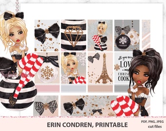 May include: Printable Christmas planner stickers featuring black and white striped ornaments, bows, snowflakes, and a Parisian Eiffel Tower. The stickers also feature a quote that says "All you need is love and Christmas cookies".