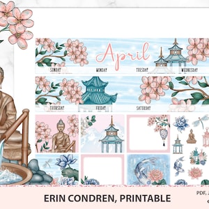 April Monthly kit printable for Erin Condren, Printable April stickers, Cherry Blossom stickers, Floral spring stickers,Silhouette cut files