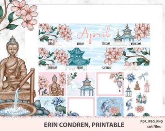 April Monthly kit printable for Erin Condren, Printable April stickers, Cherry Blossom stickers, Floral spring stickers,Silhouette cut files
