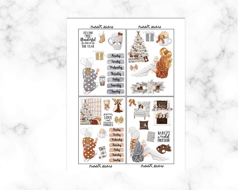 May include: A sheet of planner stickers with a winter theme. The stickers include illustrations of a Christmas tree, gifts, mugs, and people. Text includes "It's the most wonderful time of the year" and "Baby it's cold outside."