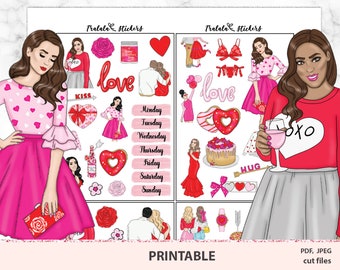 Valentines day planner stickers printable, digital download decorative stickers, weekly sticker kit, cute brunette blond dark skin girls PNG