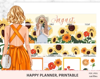 August 2020 HAPPY PLANNER monthly printable kit, printable monthly kit, Mambi monthly set, Stickers with flowers, Silhouette cut files