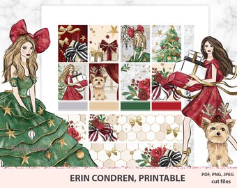 May include: Digital planner stickers featuring illustrations of women in festive attire, gifts, and a Christmas tree. The design includes a color palette of red, green, gold, and white, with the text "ERIN CONDREN, PRINTABLE".