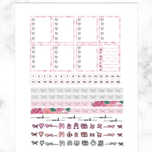 May include: Pink and white planner stickers with a plaid pattern. The stickers include boxes for writing, a calendar, and a weekly planner. There are also several decorative stickers with bows, hearts, and other designs.