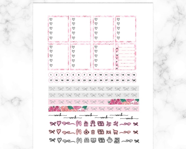 May include: Pink and white planner stickers with a plaid pattern. The stickers include boxes for writing, a calendar, and a weekly planner. There are also several decorative stickers with bows, hearts, and other designs.