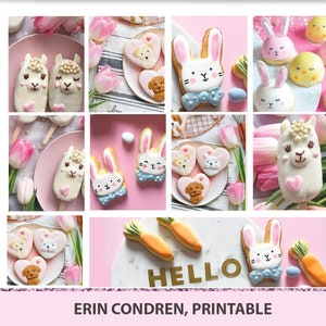May include: A printable sheet of images featuring various cookie designs. The cookies are decorated with pastel colors and feature animal and spring-themed designs. The designs include bunnies, llamas, carrots, and hearts. The sheet also includes the text "HELLO" in pink letters.