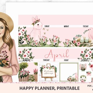 April Printable Monthly Kit Happy planner, Monthly sticker kit printable with cut files, Silhouette files, Happy planner monthly view