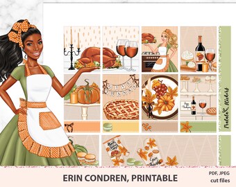 May include: A set of printable Thanksgiving themed stickers featuring a woman in a green and orange dress, a turkey, a pie, and a glass of wine. The stickers are perfect for adding a festive touch to your planner, journal, or scrapbook.