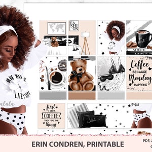 African American printable stickers, Monday Coffee weekly kit, Black and white stickers, Life planner pack, nordic home bedroom,fashion girl
