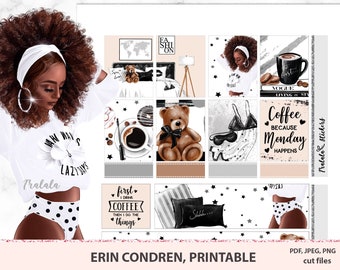 African American printable stickers, Monday Coffee weekly kit, Black and white stickers, Life planner pack, nordic home bedroom,fashion girl