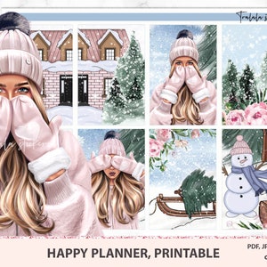 Aquarell Winter Urlaub Happy Planner druckbares Kit, Pink Pastell Farben streuen, MAMBI wöchentliches Scrapbook Set, Silhouette Cut Files, Cricut