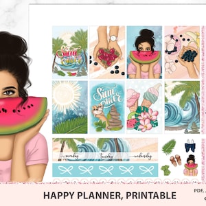 Seaside printable stickers, Happy planner, Summer holiday stickers, Weekly kit, ECLP, Beach, Vacation, Watermelon, Summer, Ocean, Pool,Waves