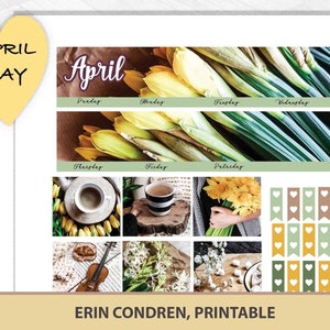 Kit mensal imprimível de maio para o planejador Erin Condren Life, adesivos verticais, folhas de tema floral Нarcissus para ECLP, conjunto de visualização mensal de abril