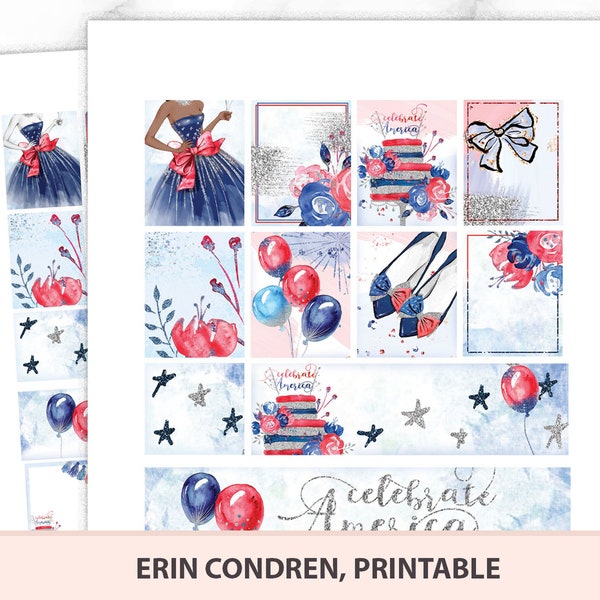 4th of July Printable planner stickers, Patriotic weekly kit, Vertical sticker kit with fireworks, red white blue USA Travelers notebook