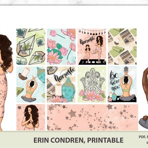 May include: A digital planner sticker sheet with a yoga theme. The sheet features illustrations of women in yoga poses, a lotus flower, a hamsa hand, and the word "Namaste".