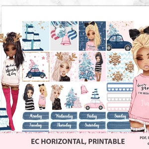 Kerst meisje planner stickers afdrukbare, xmas aquarel Fashionista Pack, koud weer instellen erin Condren horizontaal en Petite tijdschriften