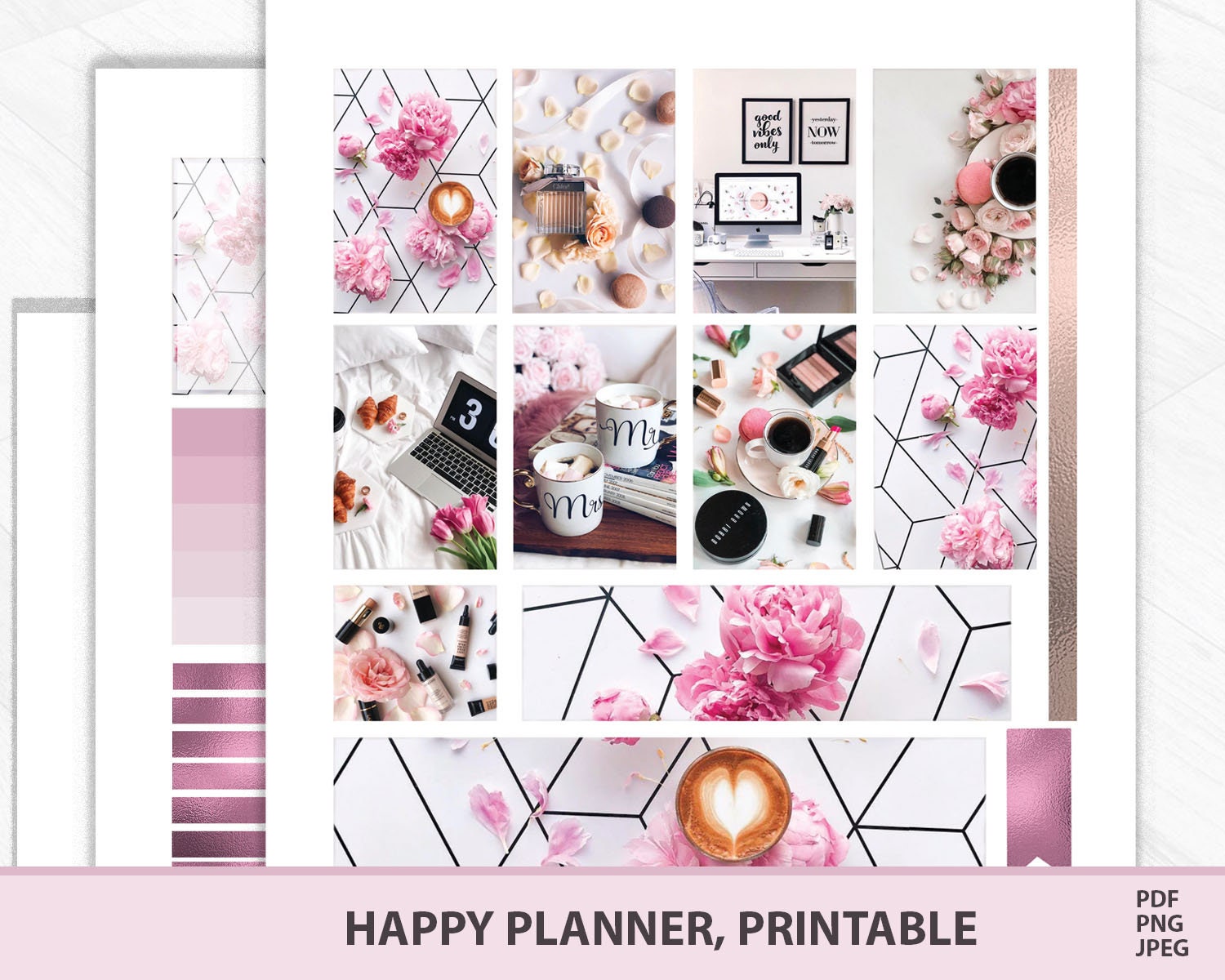 Wake up and makeup Happy Planner Printable Stickers, MAMBI Vertical Weekly Kit, Photography set with pink flowers and coffee cricut files