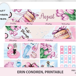 Erin Condren ライフプランナー用の 8 月の月間ステッカー、印刷可能なプランナーキット 2025 ECLP 縦型、夏をテーマにしたシルエット