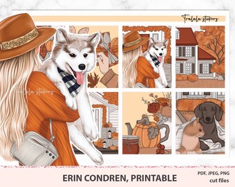 Fall weekly kit printable Erin Condren planner stickers, autumn pumpkins fall leaves journal deco pack, PNG files, Cricut, Silhouette