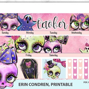 May include: A printable October calendar featuring a pink and purple colour scheme with cute skull illustrations. The calendar includes the days of the week, Sunday through Saturday, and a section for notes.