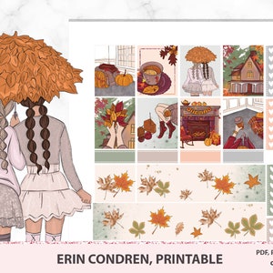 Autocollants de planificateur imprimable de saison de citrouille pour Erin Condren verticale, kit hebdomadaire à caractère d’automne, mode météo de chandail, feuilles d’automne à la maison confortables