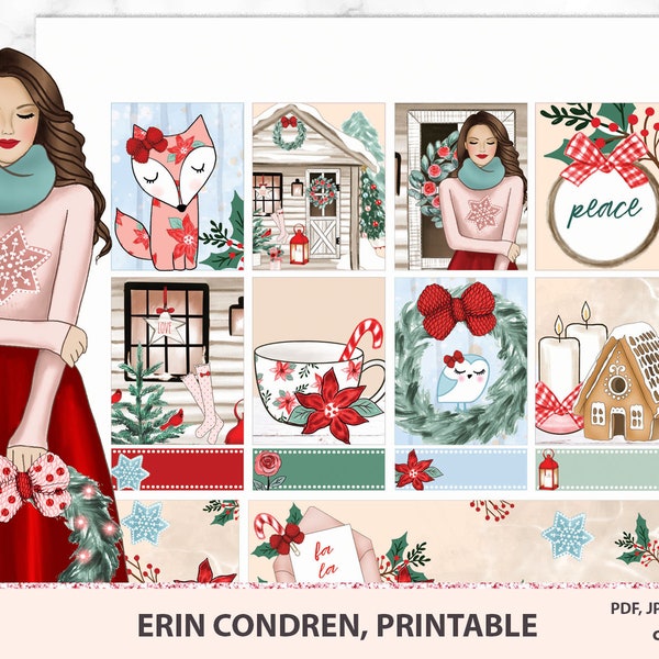 Christmas printable weekly kit Erin Cоndren, Winter season with watercolor illustrations, ECLP scrapbook pack Silhouette Cricut cut lines