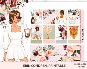 Boho Printable Planner Stickers Erin Condren, ECLP stickers, Weekly kit, sticker kit, Self care home stickers, Floral set, pastel flowers
