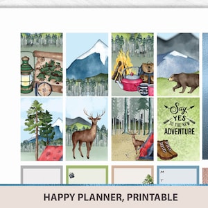 Kit de planificateur imprimable de camping pour planificateur heureux classique, propagation hebdomadaire de la nature pour les vacances en montagne et les aventures en plein air