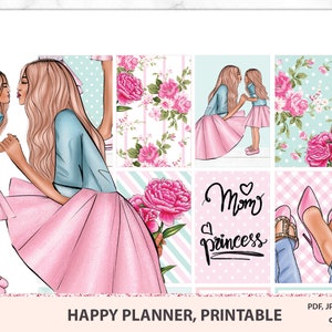 Mother day Happy planner autocollants imprimables, kit hebdomadaire avec des fleurs, maman et fille, Téléchargement instantané, Kit Mambi, Silhouette, Cricut