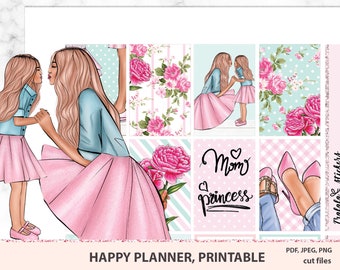 Mother day Happy planner printable stickers, weekly kit with flowers, mom and daughter, Instant download, Mambi kit, Silhouette, Cricut