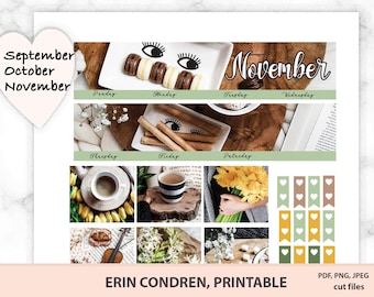 November printable monthly stickers, ECLP October sticker pack for Erin Condren Life planner, decorative full boxes with flowers, photo kit