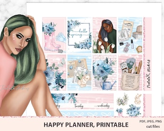 Hello Spring Happy Planner Stickers Printable, Weekly Sticker Kit, digital stickers pack, Blue watercolor flowers, Easter stickers kit