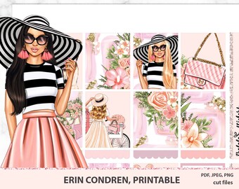 May include: A set of printable planner stickers featuring a woman in a black and white striped shirt and a pink skirt, wearing a large black and white sun hat and sunglasses. The stickers also include floral designs, a pink handbag, and the text "Travel & Style".