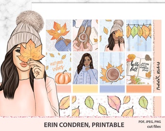 Fall leaves printable planner stickers, Erin Condren printable kit, travelers journal, autumn stickers, Thanksgiving, Silhouette, Cricut