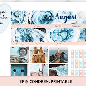 Erin Condren monatlich druckbare Aufkleber für August mit floralen und nautischen Thema blau und Beige Farben, Ombre volle Boxen Agenda