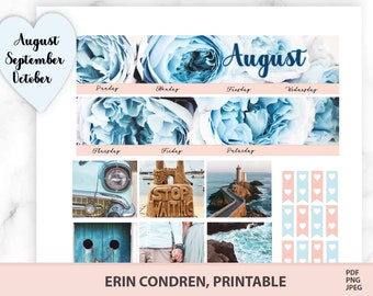 Erin Condren monthly printable stickers for August with floral and nautical theme blue and beige colors, ombre full boxes agenda