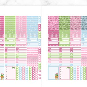 May include: A set of printable planner stickers with a floral theme. The stickers are in pink, green, blue, and white with a variety of designs including hearts, flowers, and bows. The stickers are designed to be used in a planner or journal.