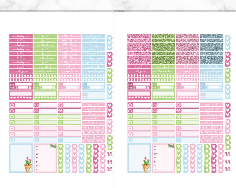 May include: A set of printable planner stickers with a floral theme. The stickers are in pink, green, blue, and white with a variety of designs including hearts, flowers, and bows. The stickers are designed to be used in a planner or journal.