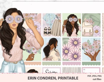 Könnte beinhalten: Ein digitales Planer-Sticker-Set mit einer Frau mit braunen Haaren und Blumen im Haar. Die Sticker sind in einem Pastellfarbschema mit Rosa, Grün und Blau gehalten. Die Sticker sind für die Verwendung in einem digitalen Planer konzipiert.