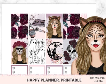 Halloween printable planner kit for Happy planner, Vampire weekly spread for MAMBI vertical, witch spooky pack for travelers journal