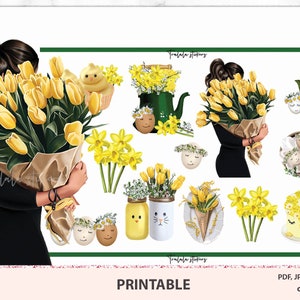 Może przedstawiać: Drukowane naklejki przedstawiające kobietę trzymającą bukiet żółtych tulipanów, żółte kurczątko, żółty tort i inne ilustracje o tematyce wiosennej. Naklejki są w formacie PDF, JPEG i PNG.