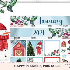 January monthly printable stickers, Happy planner monthly kit, monthly stickers, Mambi set, winter themed kit in green blue red colors