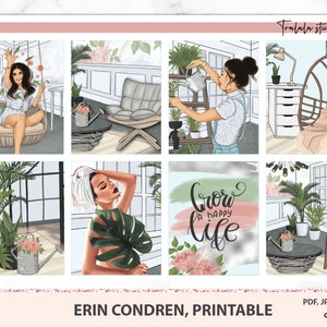 Autocollants de planificateur imprimables Plant Lady. Kit hebdomadaire vertical Erin Condren. Glam rose printemps jardin été fleurs vertes PNG Cricut