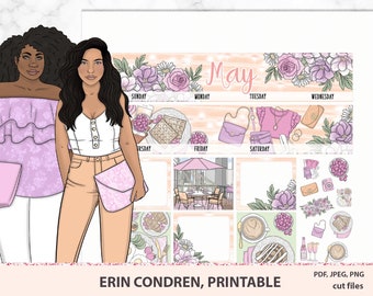 May include: A printable planner sticker set for May with a floral theme. The stickers feature illustrations of women, flowers, coffee, and other details. The text "May" is featured in a pink and white font. The text "Erin Condren, Printable" is featured at the bottom of the image. The text "PDF, JPEG, PNG cut files" is featured at the bottom right of the image.