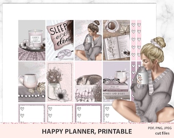 May include: A set of printable planner stickers featuring a cozy and relaxing theme. The stickers include illustrations of a woman reading a book, a cat sleeping, a cup of coffee, a candle, and a book with the title "Romeo and Juliet". The stickers are designed in a pink and gray color scheme with a glitter effect.